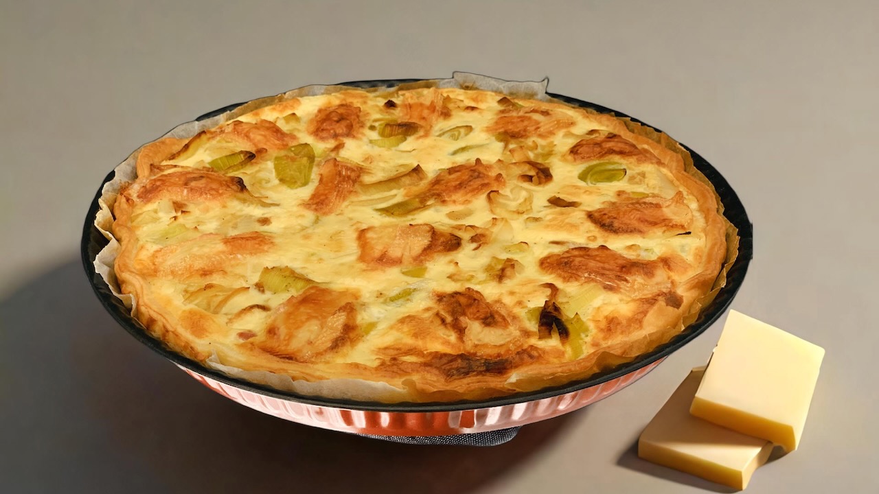 Quiche aux poireaux, munster et jambon