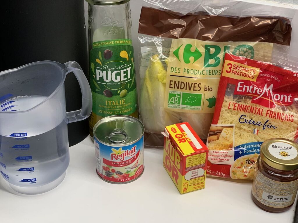 Velouté d'endives au miel -Préparer tous les ingrédients nécessaires à la réalisation de cette recette.